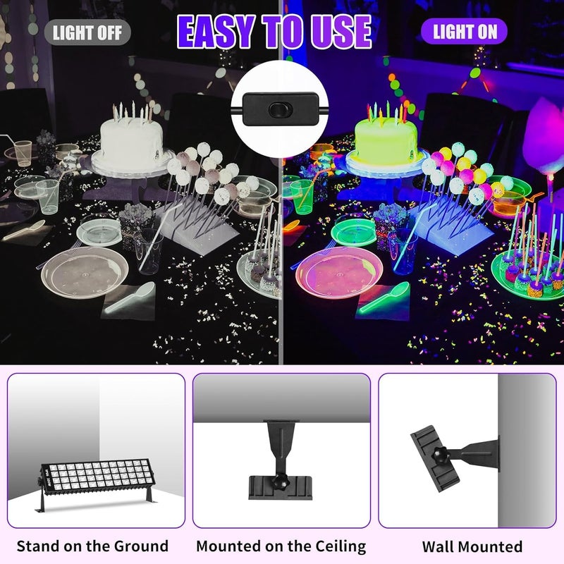 SHGPODA 2 Pcs 100W LED Black Light Bar, IP66 Waterproof Blacklight with 6ft Cord Switch, Black Lights for Neon Glow Party Fluorescent Poster Body Paint Birthday Bedroom Classroom Halloween Christmas - Image 4